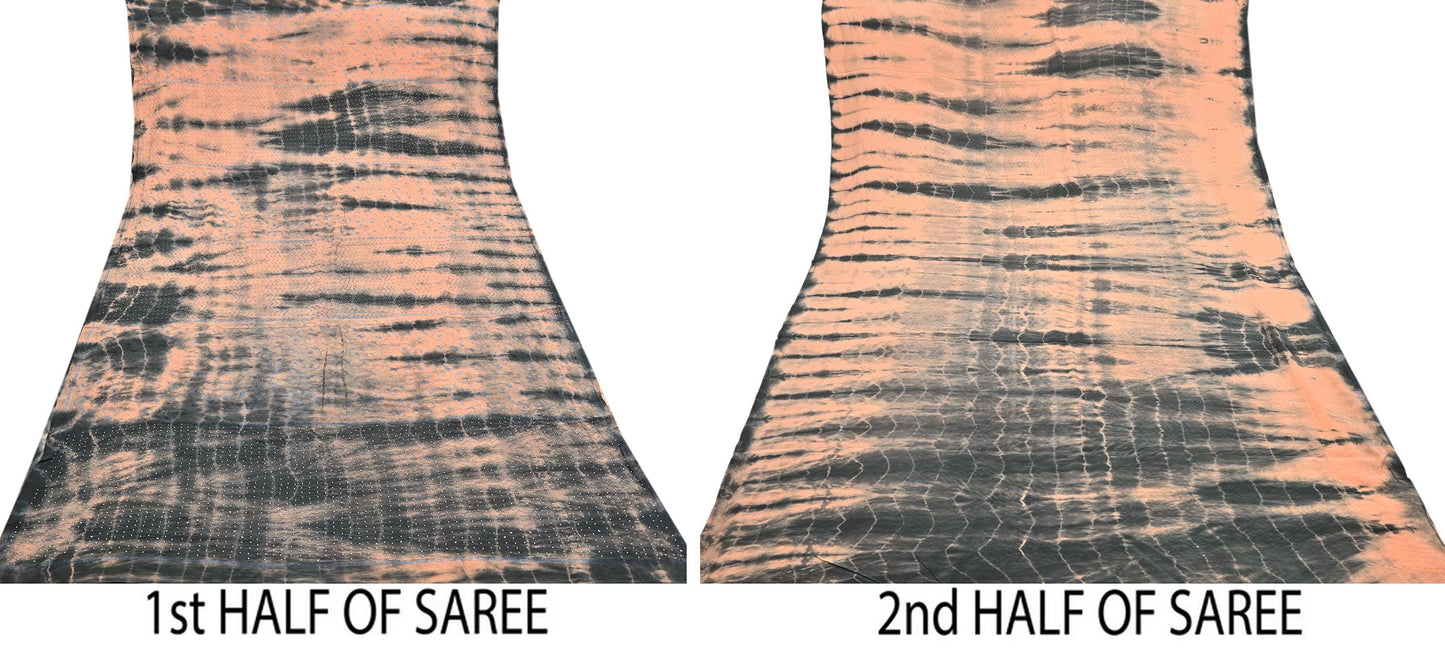 Indian Vintage Saree Peach & Black Pure Crepe Silk Hand Embroidered Tie-Dye Sari Fabric 5yard Sewing Craft Fabric Dressmaking Crafting Zari