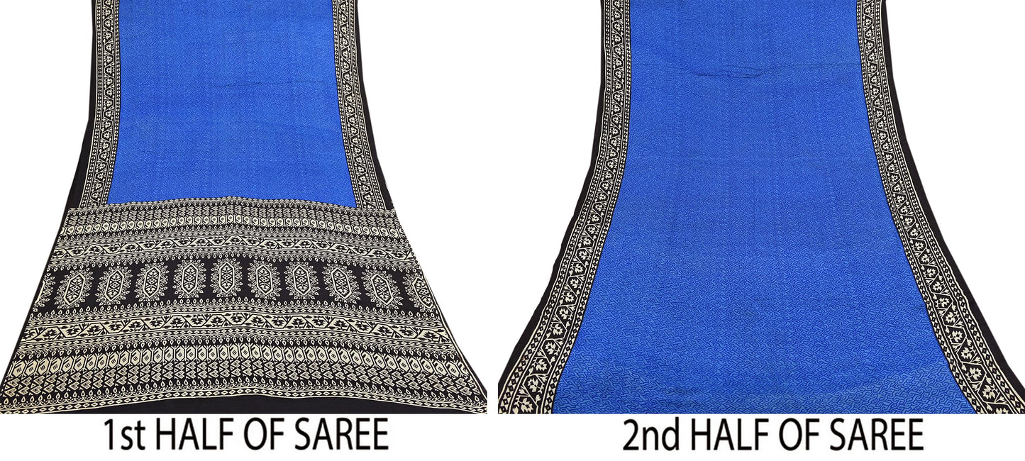 Indian Vintage Black & Blue Sarees Pure Silk Printed Sari 6yd Sewing Craft Fabric DressMaking Floral Soft Crafting Quilting