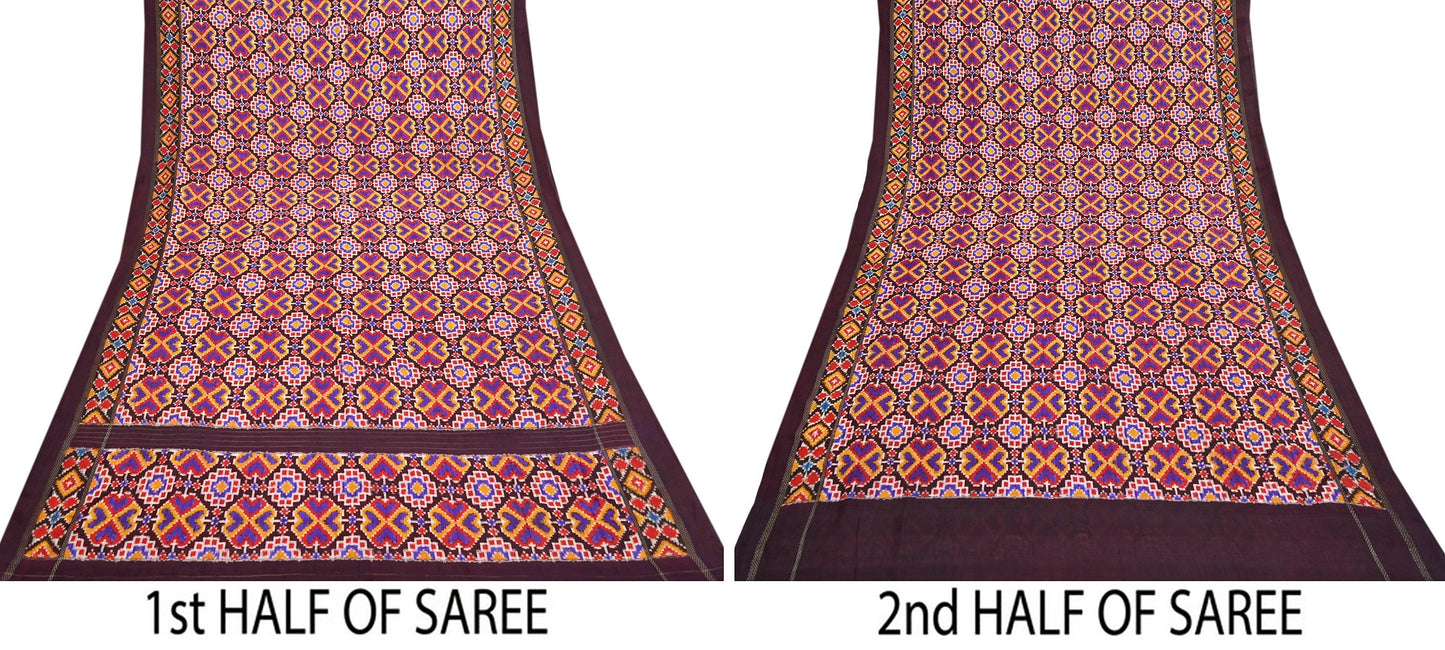 Indian Antique Vintage Brown Sari Hand Woven Double Ikat Patan Patola Sarees 100% Pure Silk Craft Fabric 5Yd Dress Making Sewing For wearing