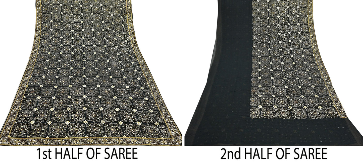 Indian Vintage Heavy Sari Black Pure Georgette Silk Hand Beaded Sarees Craft Fabric 5Yd Soft Ethnic Wedding Sarees
