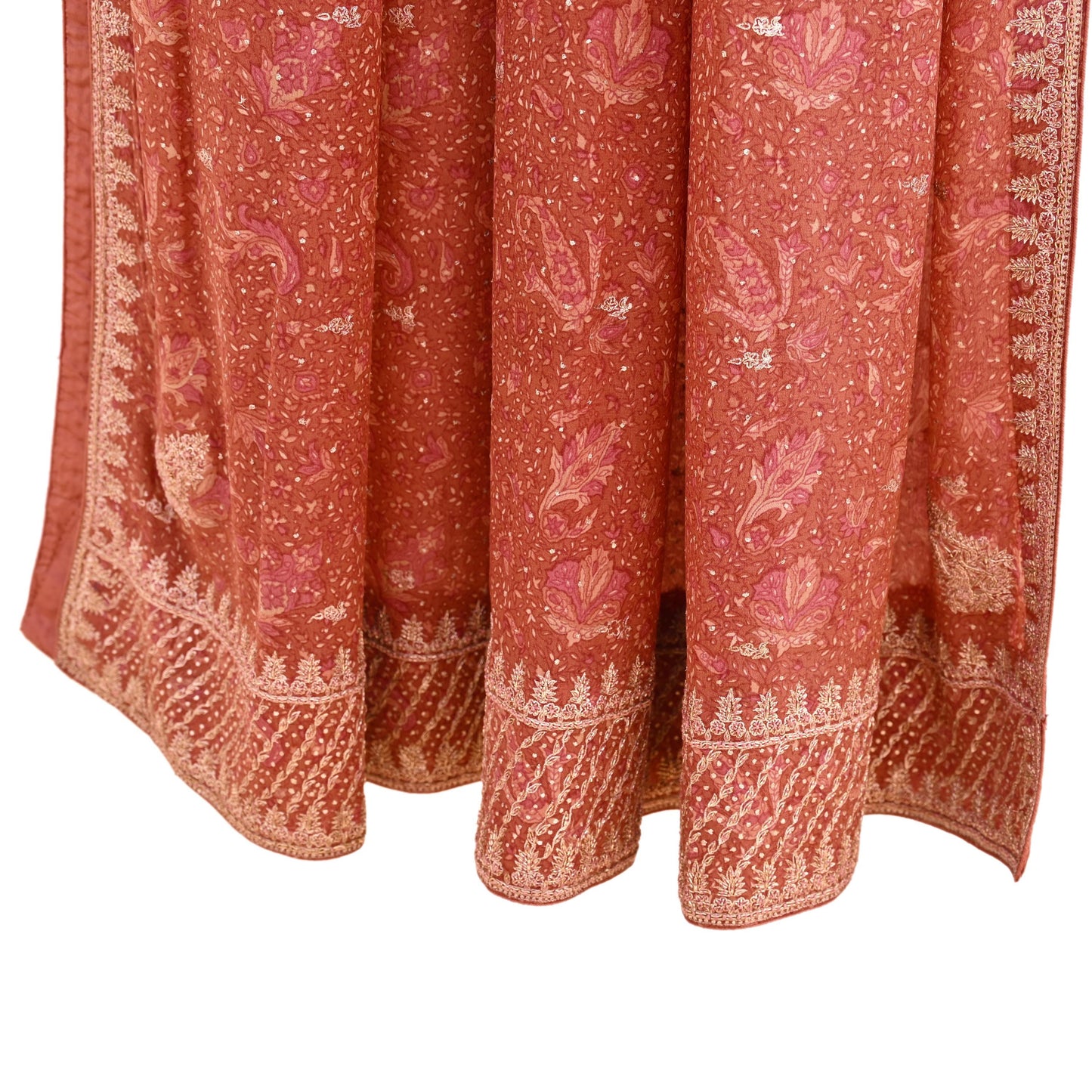 Indian Pre-Owned Peach Pure Silk Hand Embroidered Ritu Kumar Designer 2 Piece Suit Set (Kurta + Dupatta)