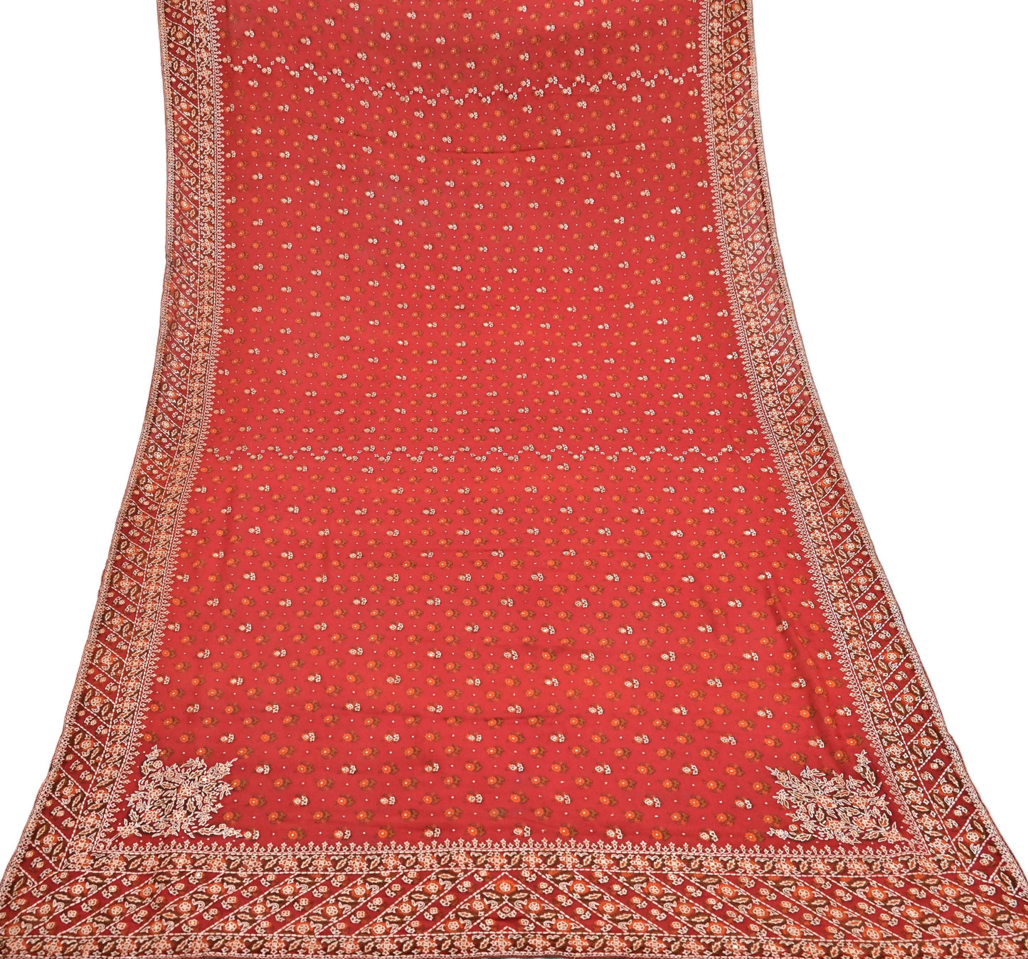 Indian Pre-Owned Rusty Red Pure Silk Hand Embroidered Ritu Kumar Designer 3 Piece Suit Set (Kurta + Dupatta + Salwar)