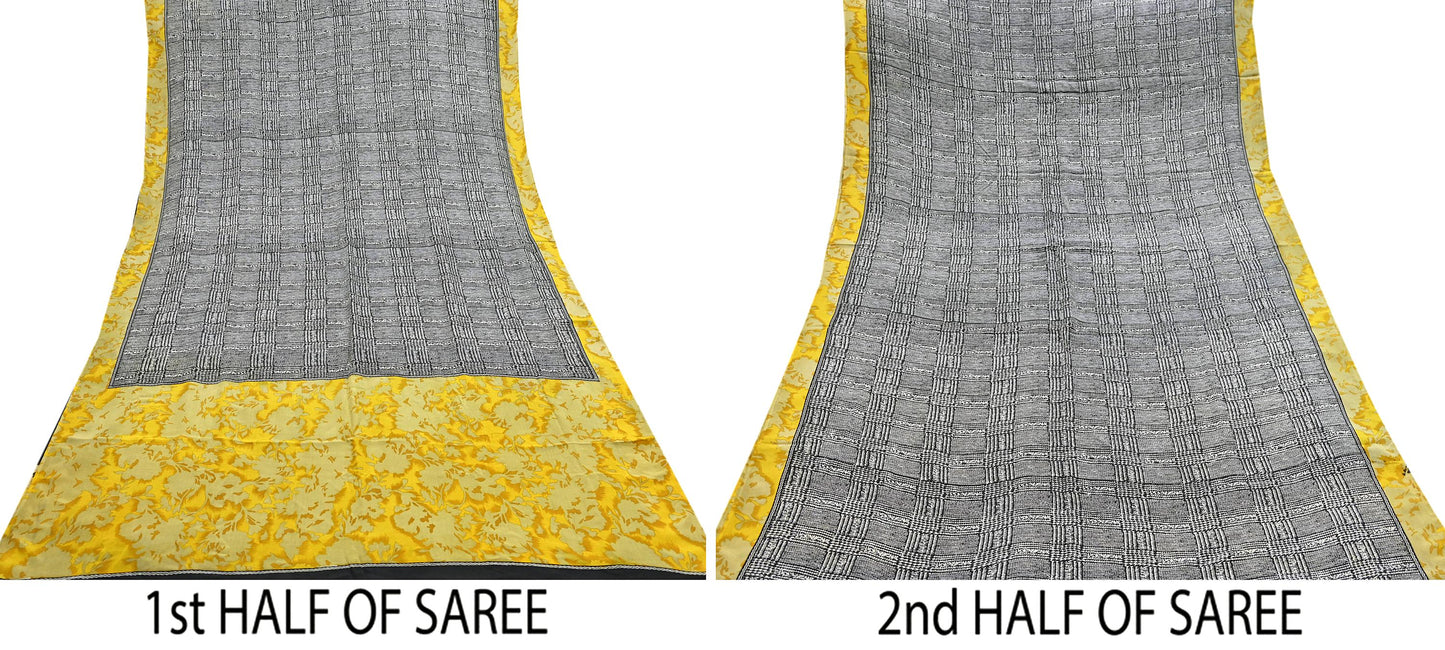 Indian Vintage Gray & Black Saree Pure Crepe Silk Printed Sari Craft Fabric 5yd Sewing Soft Wrap Dress making Crafting Quilting