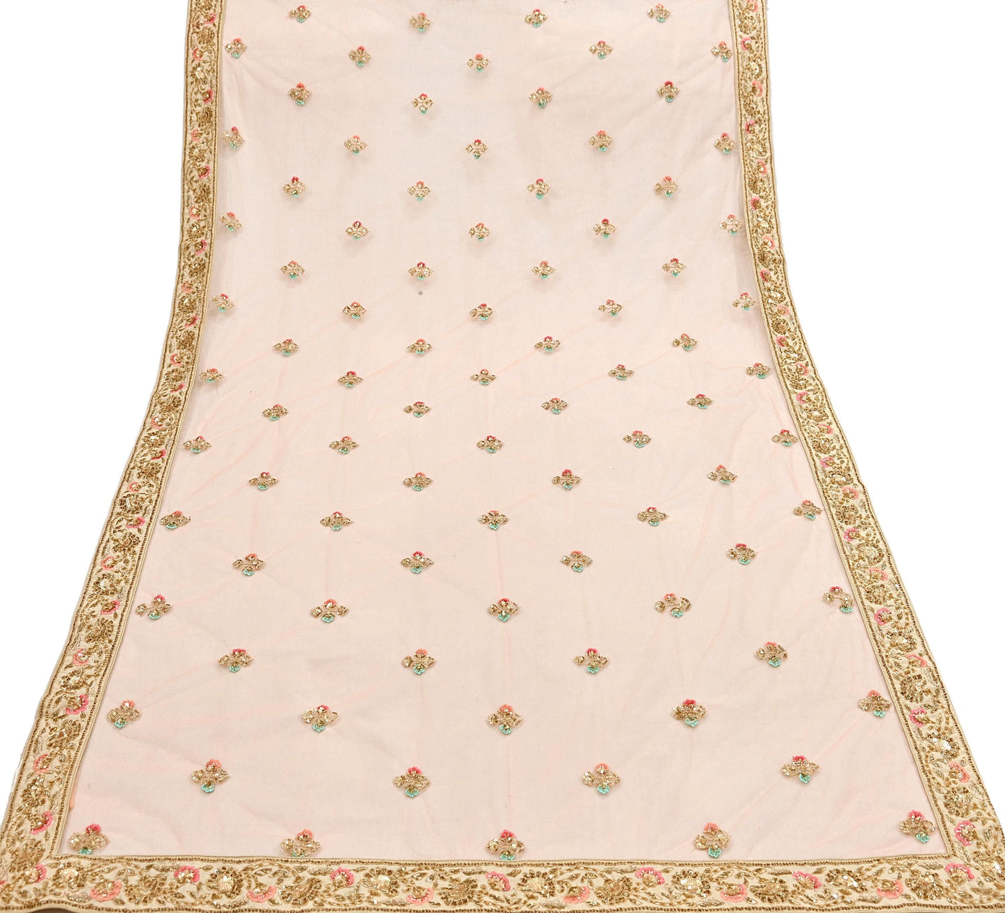 Indian Designer Abu Jani Dupatta Peach Net Mesh Hand Embroidered Mirror Bridal Veil Preowned Heavy Scarf