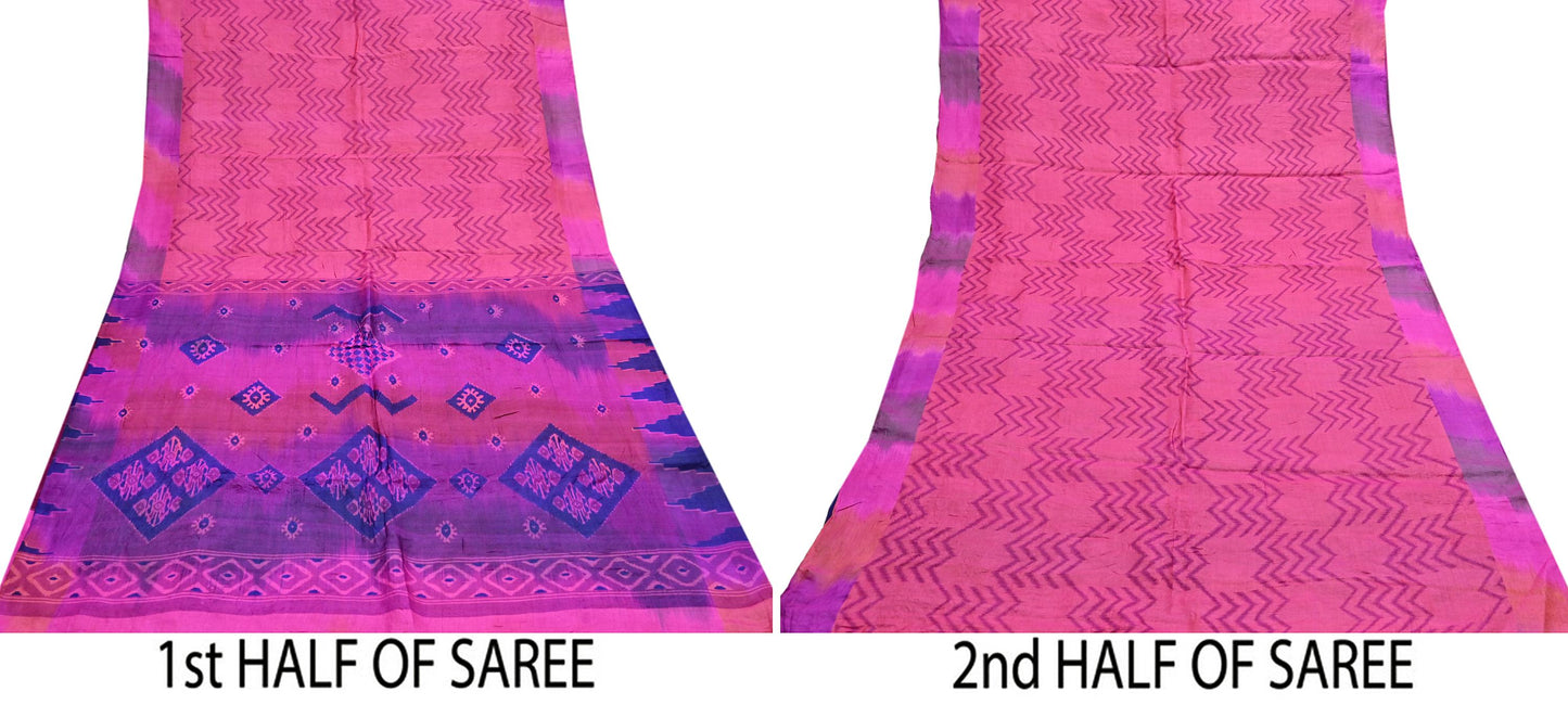 Indian Vintage Peach & Purple Saree Pure Khadi Silk Handloom Printed Sari Fabric 5yd Ethnic Wear Sari Stripes Designs Dress making Crafting