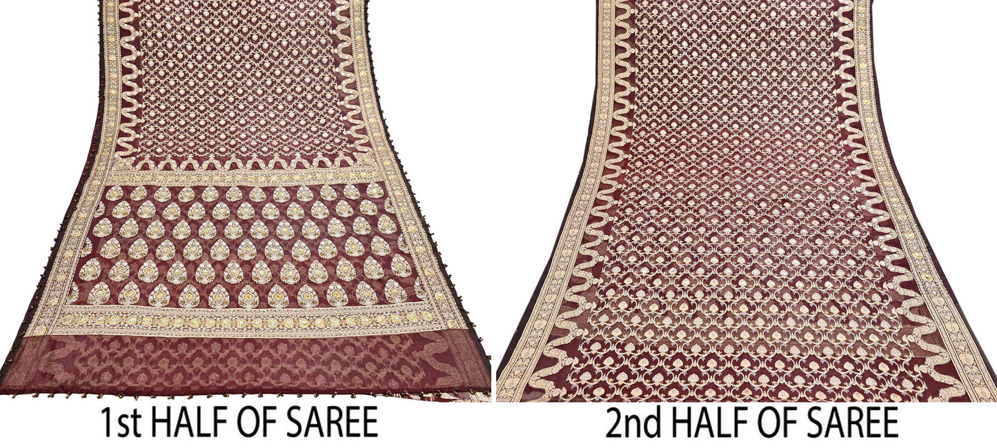 Indian Vintage Sari Maroon Tissue Hand Embroidered Sarees Craft Fabric 6Yd Sewing Soft Ethnic Zardozi/Zari Dress making Crafting