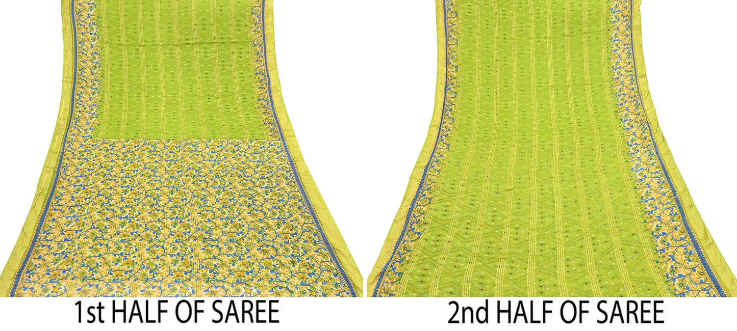 Indian Vintage Green & Beige Sarees Pure Cotton Printed Sari 5yd Sewing Craft Fabric DressMaking Soft Crafting Quilting Upcycle