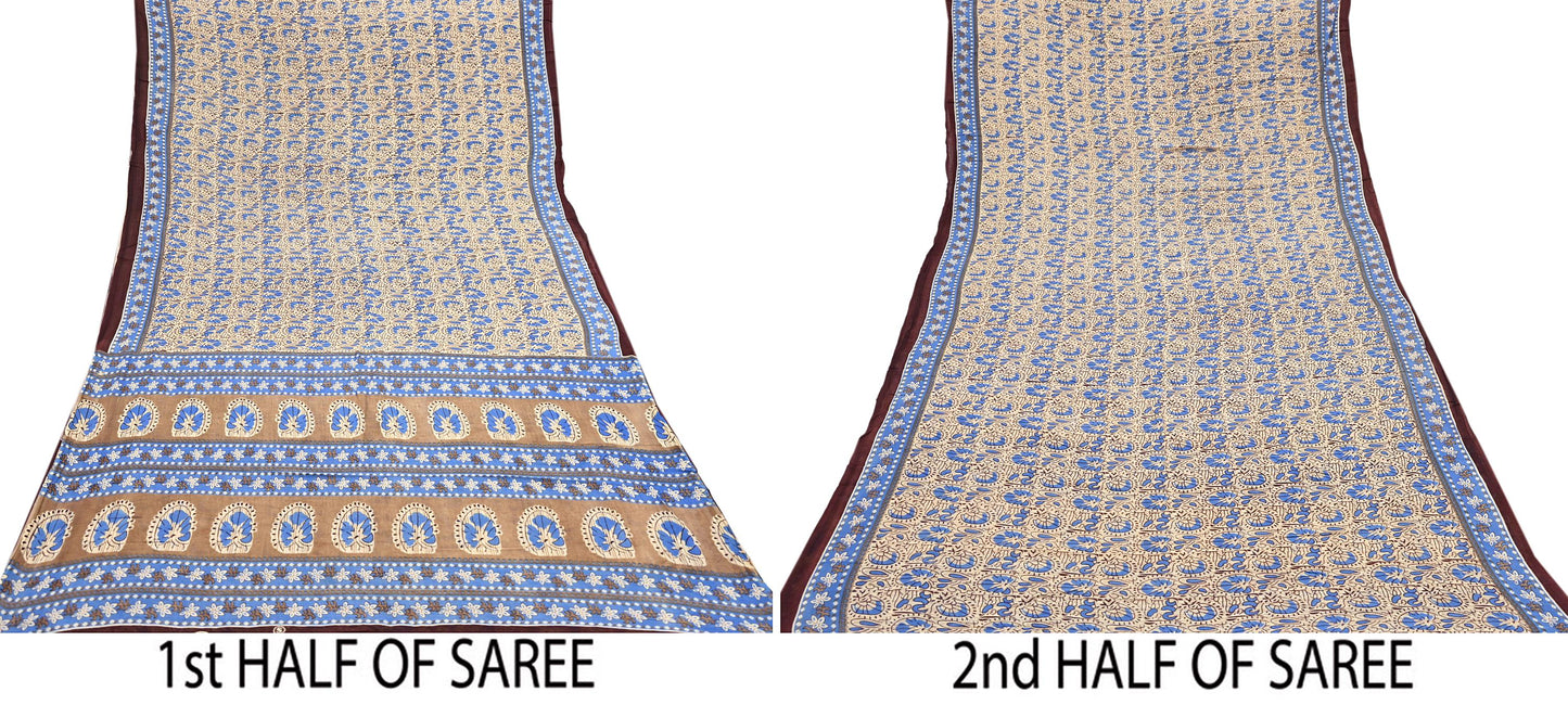 Indian Vintage Sari Beige & Brown Printed 100% Pure Cotton Sarees Craft Fabric 5Yard Sewing Sarong Wrap Boho Dress making Quilting Soft