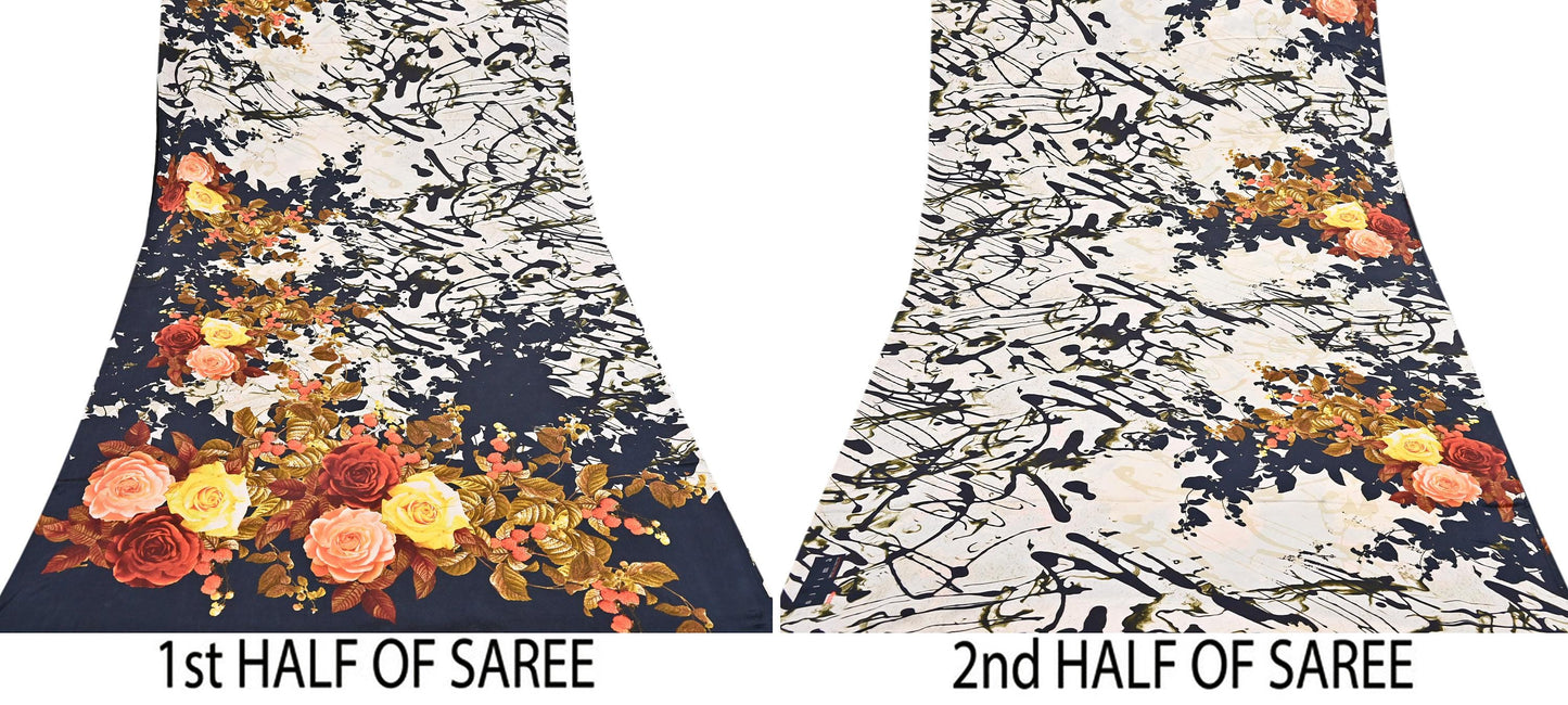 Indian Vintage Sari Black & Ivory Digital Printed 100% Pure Satin Silk Sarees 5yd Sewing Craft Fabric Dress Making Wrap Upcycle Quilting