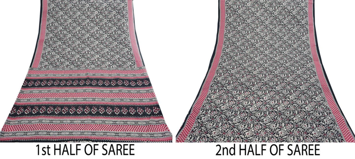 Indian Vintage Sari Red & Black Printed 100% Pure Cotton Sarees Craft Fabric 5Yard Sewing Sarong Wrap Boho Floral Dress making Quilting Soft