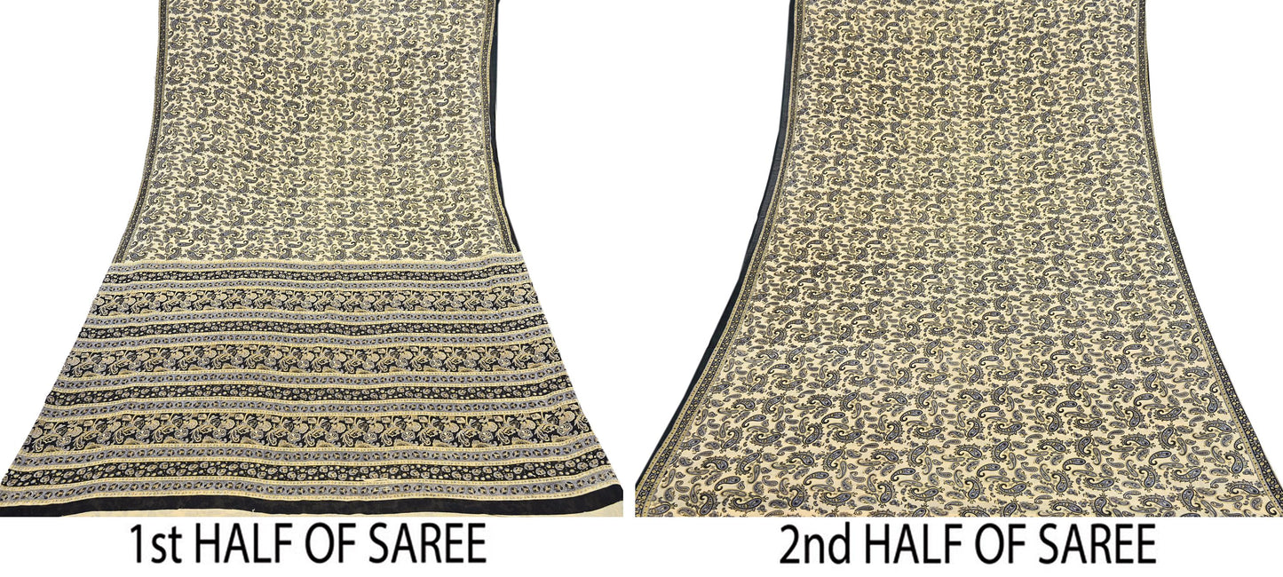 Indian Vintage Sari Beige & Black Printed 100% Pure Cotton Sarees Craft Fabric 5Yard Sewing Sarong Wrap Boho Dress making Quilting Soft