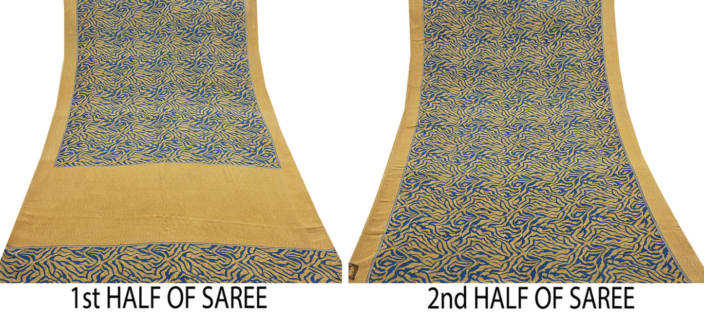 Indian Vintage Sari Mustard & Blue Pure Crepe Silk Printed Sarees 5yd Sewing Floral Soft Craft Fabric Wrap Dress making Crafting Quilting