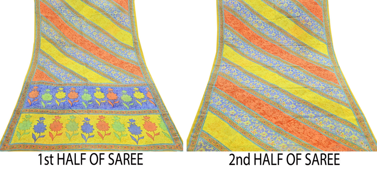Indian Vintage Sari Yellow Pure Crepe Silk Printed Saree 5yd Sewing Floral Soft Craft Fabric Wrap Dress making Upcycle For Crafting