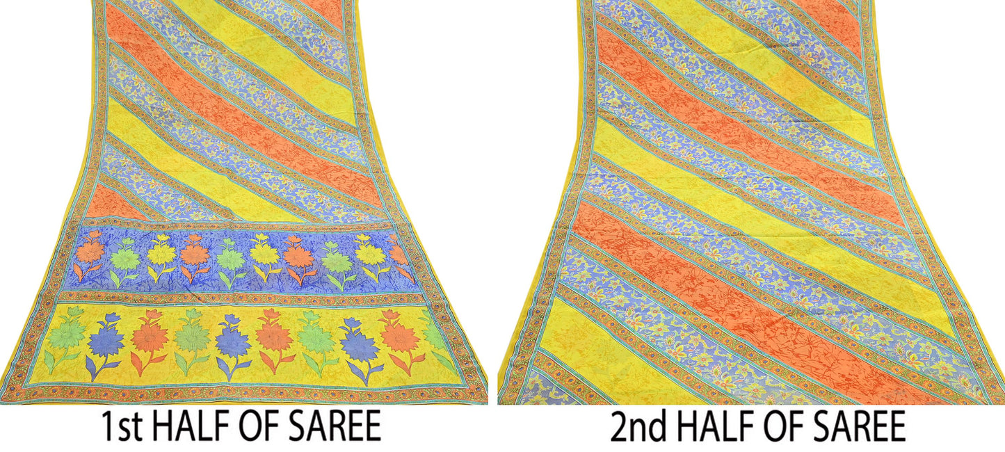 Indian Vintage Sari Yellow Pure Crepe Silk Printed Saree 5yd Sewing Floral Soft Craft Fabric Wrap Dress making Upcycle For Crafting