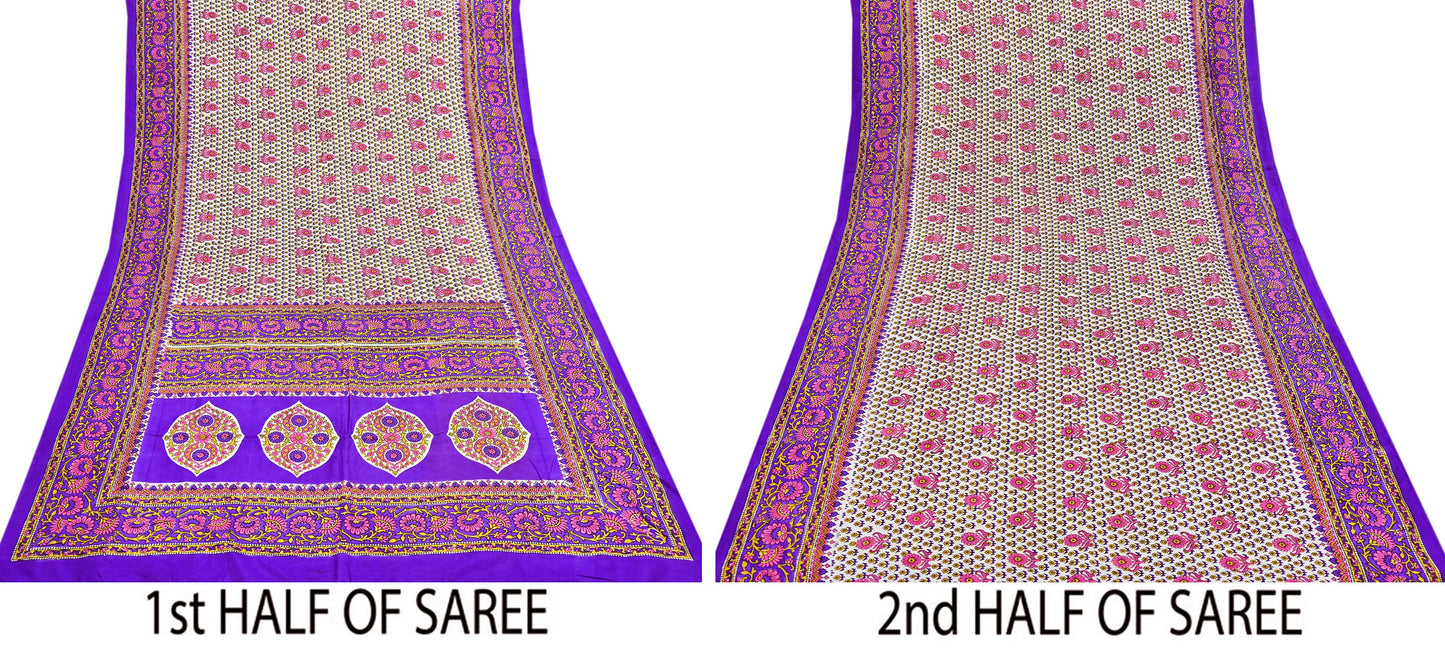 Indian Vintage Sari Ivory & Purple Printed Pure Silk Sarees 5yd Sewing Craft Fabric DressMaking Soft Wrap Upcycle Quilting Crafting Used