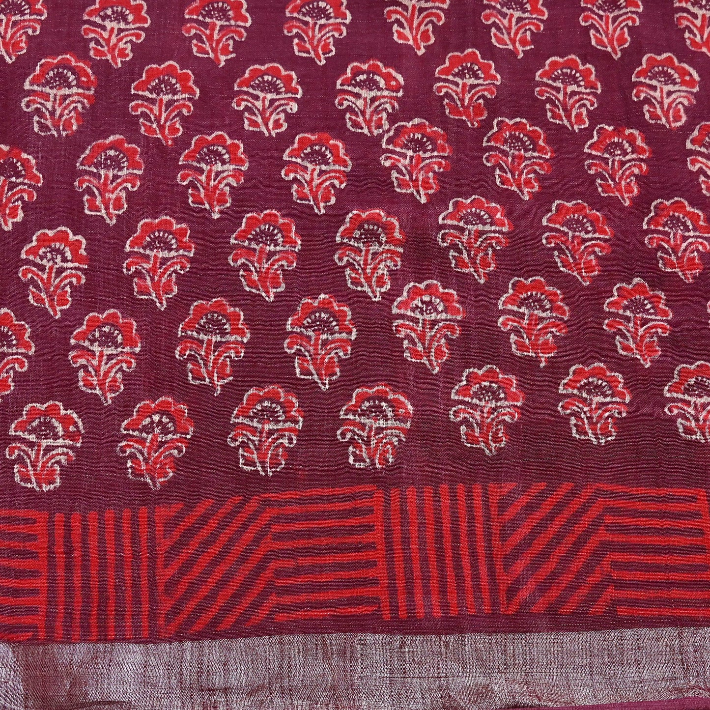 Indian Vintage Sari Maroon Printed Pure Cotton Sarees Craft Fabric 5Yd Soft Sewing Sarong Wrap Boho Floral Quilting Dress making fringes