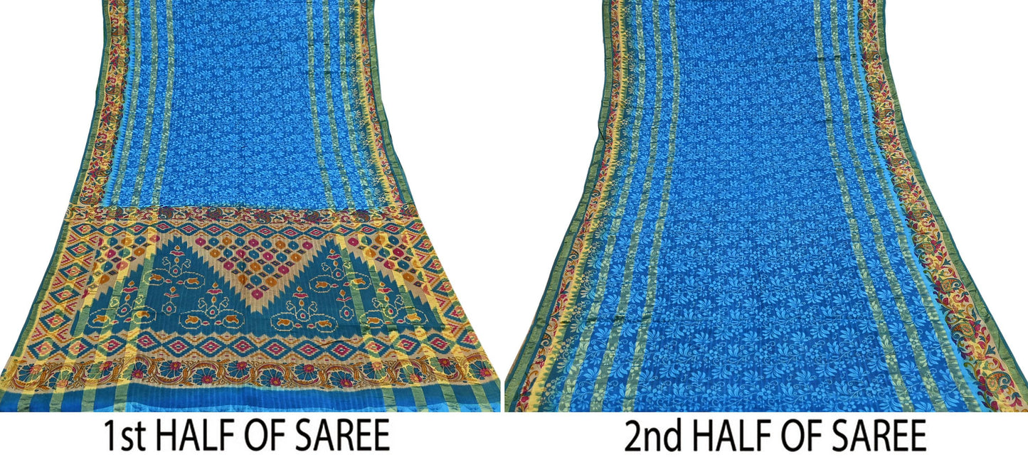 Indian Vintage Sari Blue Printed Pure Cotton Sarees Craft Fabric 5Yd Soft Sewing Sarong Wrap Boho Floral Quilting Dress making