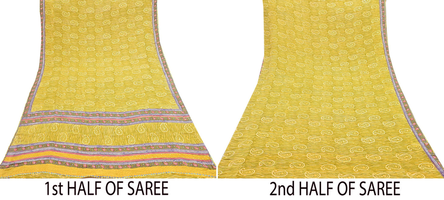 Indian Vintage Sari Yellow Hand Embroidered Printed 100% Pure Georgette Silk Saree Craft Fabric 6Yd Ethnic Soft Dress making For Crafting