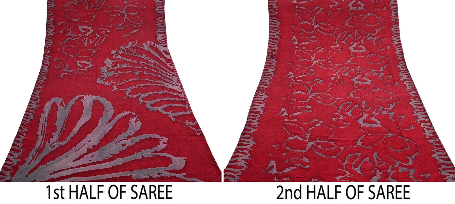 Indian Vintage Sari Red & Gray Pure Georgette Silk Printed Sarees Craft Fabric Sewing 5Yd Soft Dress Making Crafting Quilting Upcycle