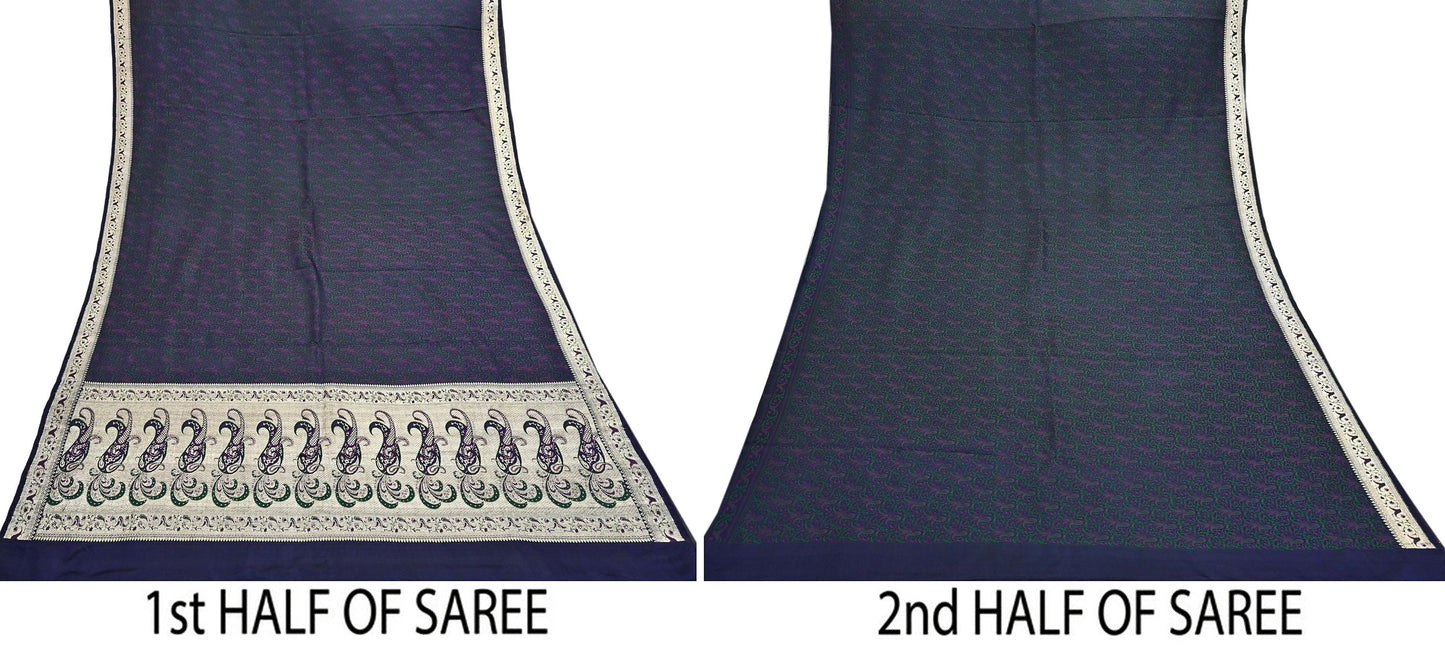 Indian Vintage Sari Blue Heavy Pure Satin Silk Woven Banarasi Tanchoi Sari Zari 5Yd Craft Fabric Dress making Ethnic Crafting Upcycle