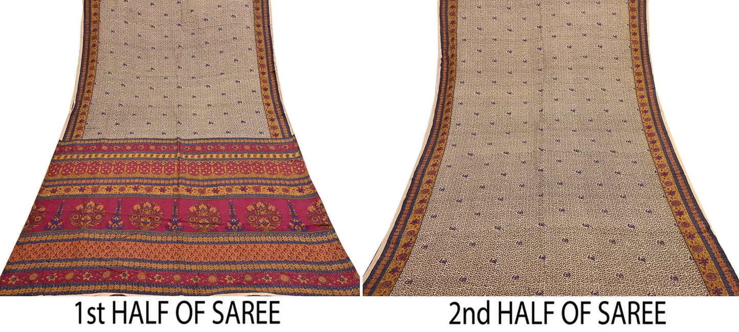 Indian Vintage Sari Beige Pure Silk Printed Saree 5yd Sewing Craft Fabric DressMaking Soft Used Upcycled