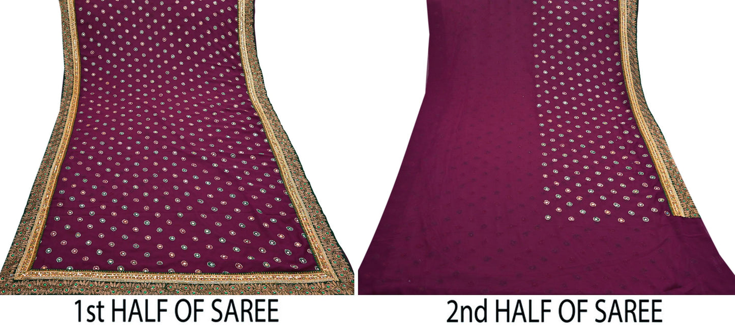 Indian Vintage Heavy Sari Maroon Pure Georgette Silk Hand Embroidered Sarees Craft Fabric 5Yd Sewing Ethnic Bollywood saree Dress making