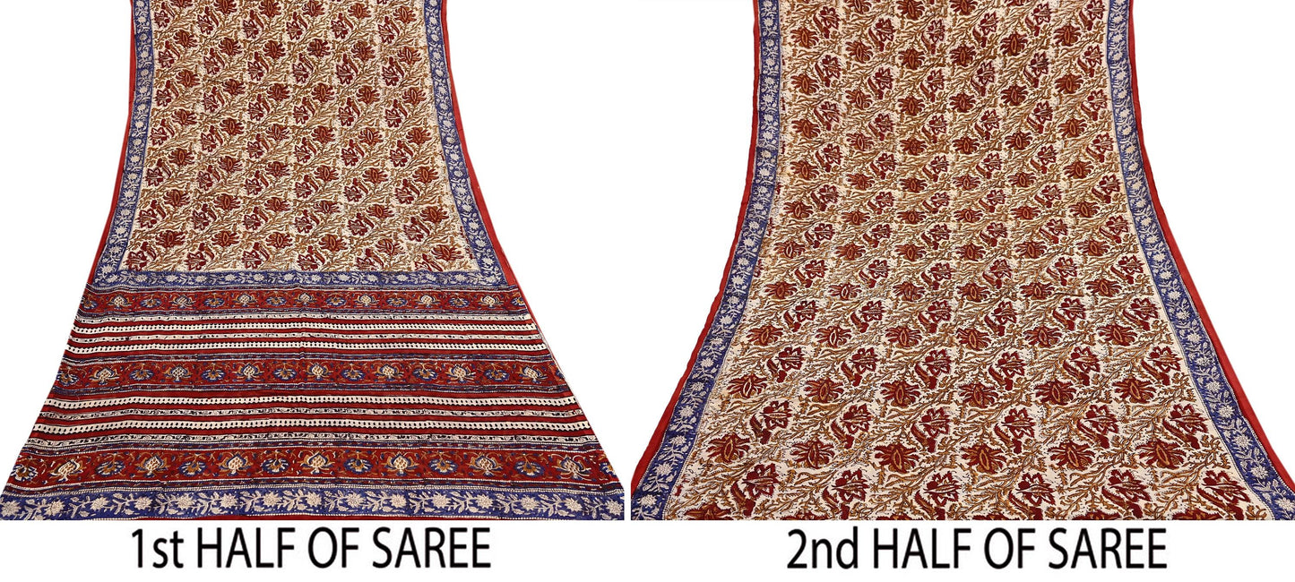 Indian Vintage Beige Saree Block Printed Pure Cotton Sari Craft Fabric Soft 5Yd Sewing Sarong Wrap Boho Quilting Crafting Dress making