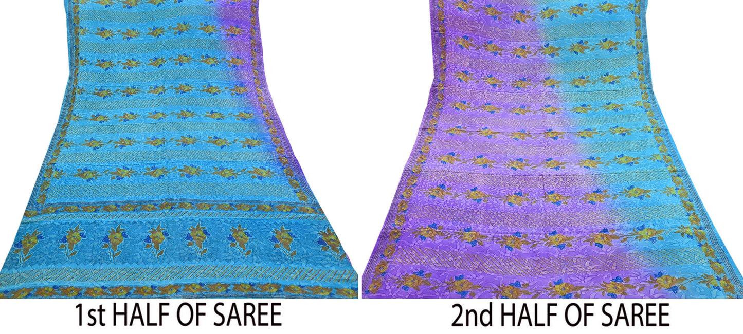 Indian Vintage Sari Purple & Blue Pure Crepe Silk Tie-Dye Printed Sarees 5yd Sewing Ethnic Wrap Craft Fabric Sewing Dress making Crafting