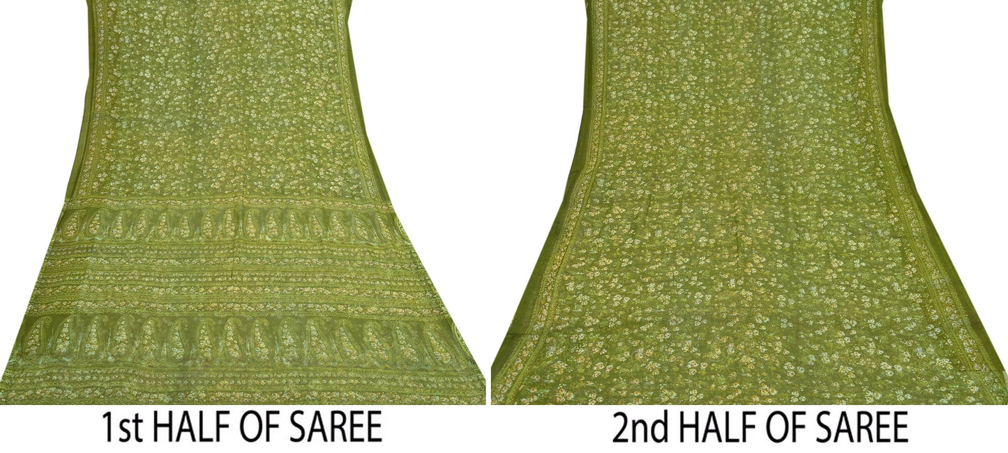 Indian Vintage Sari Green Pure Chiffon Silk Printed Sarees 5Yd Craft Fabric Sewing Soft Light Sari Dress Making Quilting For Crating