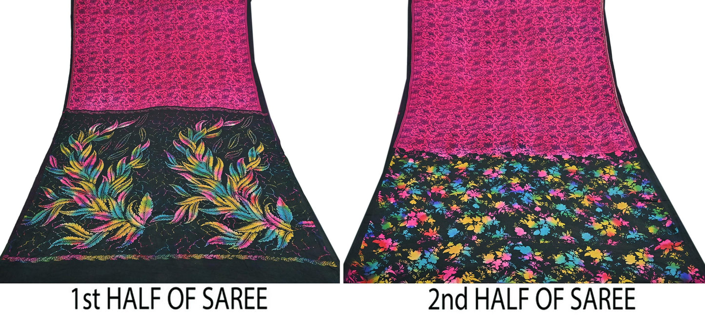 Indian Vintage Pink & Black Pure Silk Printed Mukesh Work Saree 6Yards Soft Fabric for Dressmaking, Quilting, Crafting, Sewing, Dress Making