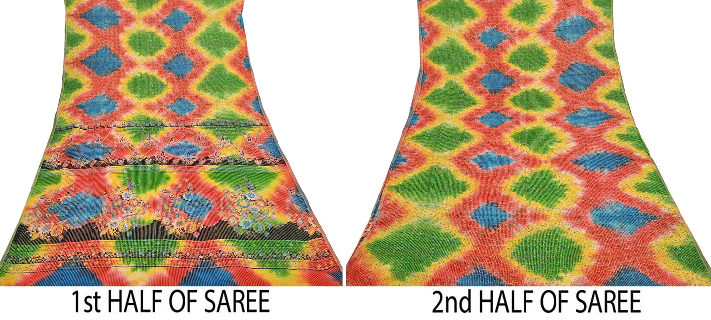 Indian Vintage Multi Saree 100% Pure Silk Printed Sari Craft Fabric 5yd Sewing Dress Making Soft Floral Crafting Quilting Upcycle Zari