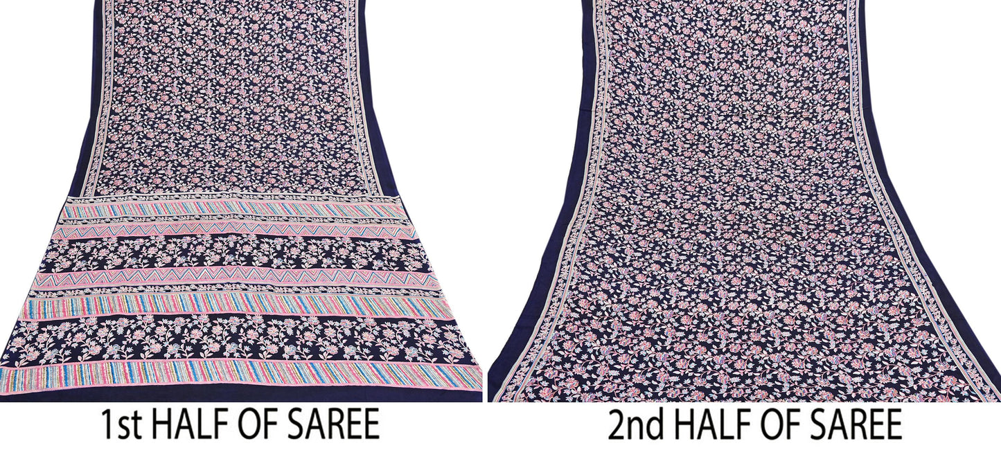 Indian Vintage Sari Blue Pure Silk Printed Saree Fabric 5yard Sewing Craft Fabric DressMaking Wrap Floral