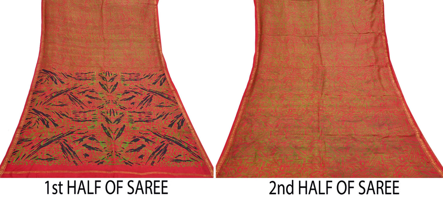 Indian Vintage Sari Red Printed Pure Silk Sarees 6yd Sewing Craft Fabric Soft Dress Making Upcycle Crafting Quilting Used Zari