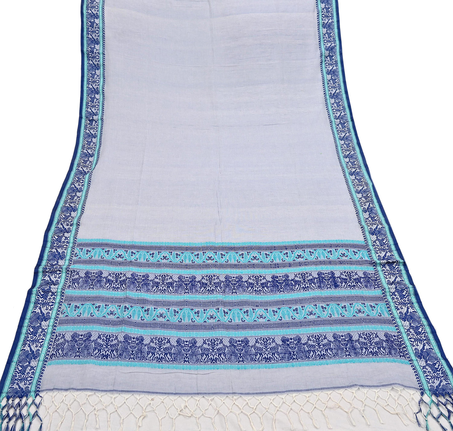 Indian Vintage Dupatta Gray Long Stole Hand Woven Baluchari Pure Cotton Scarves Veil Soft Fringes