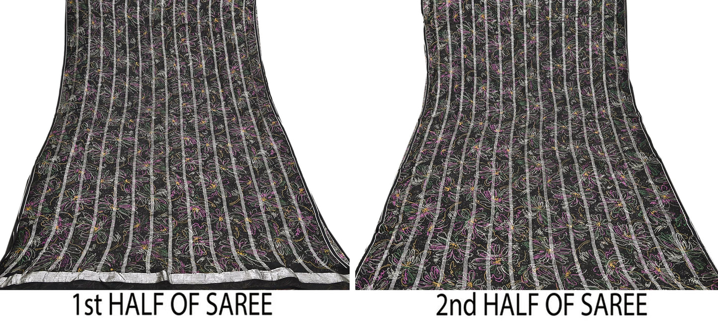 Indian Vintage Black Saree 100% Pure Georgette Silk Printed Sari Sewing 5yd Craft Soft Dress Designing for Crafting Abstrac
