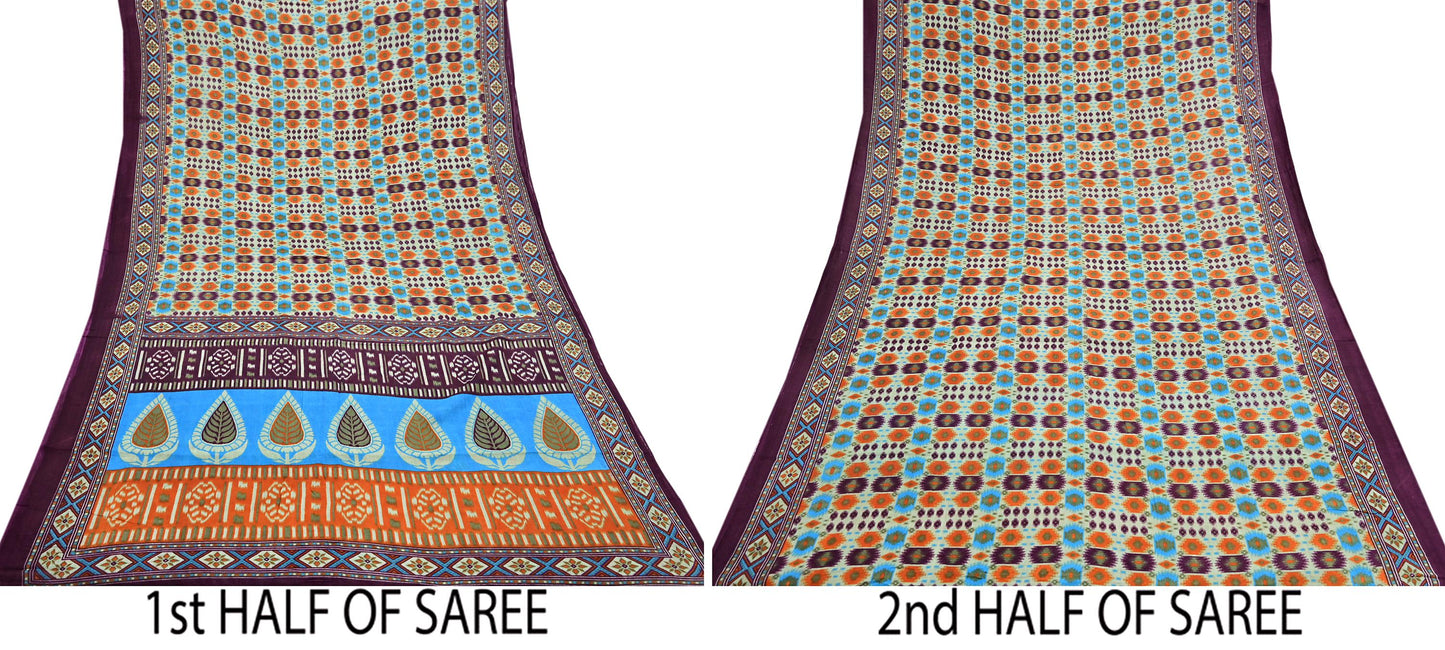 Indian Vintage Sari Multi Printed 100% Pure Cotton Saree Craft Fabric 5Yd Soft Sewing Sarong Wrap Boho Stripes Dress making Quilting