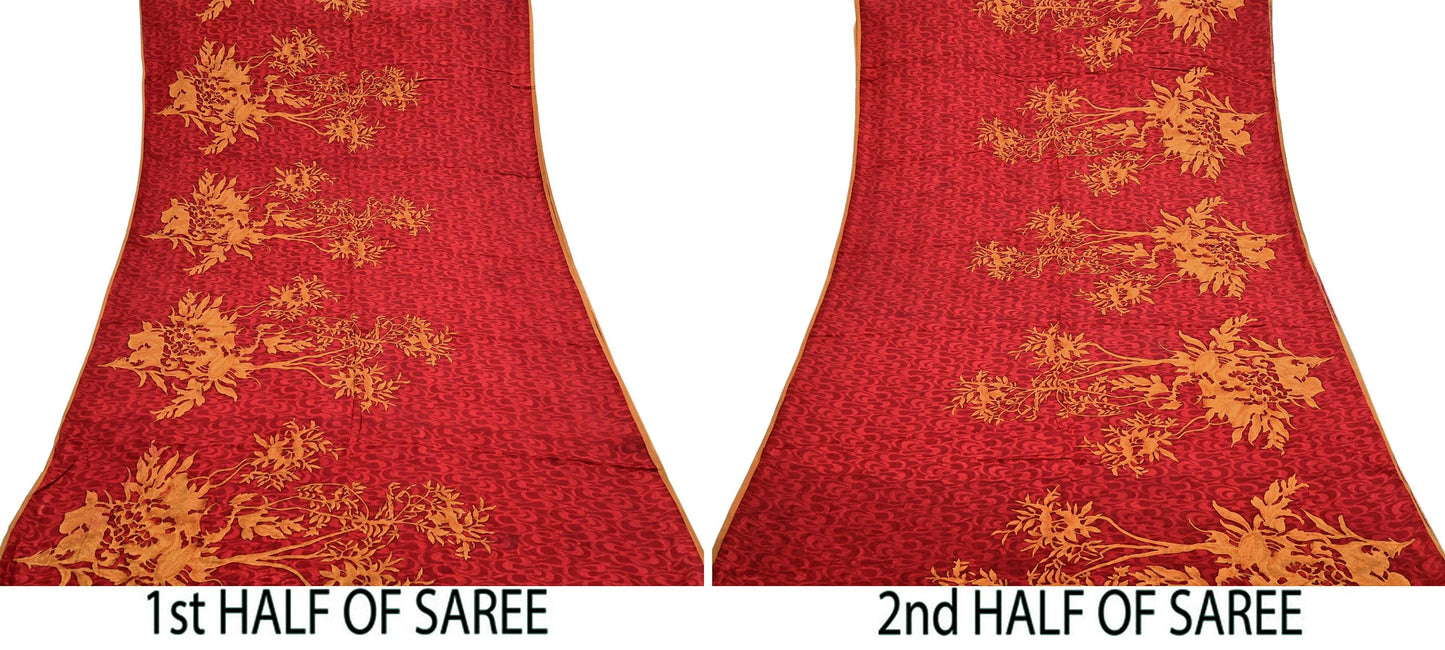 Indian Vintage Sari Mustard & Red Pure Crepe Silk Printed Sarees 5yd Sewing Floral Soft Craft Fabric Wrap Dress making Crafting Quilting