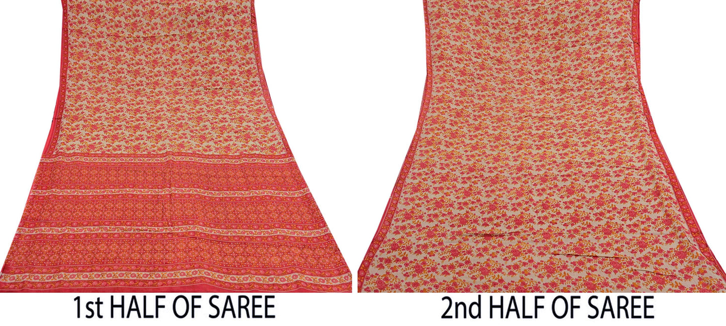 Indian Vintage Red & Beige Saree Printed 100% Pure Cotton Sari Craft Fabric 5Yd Soft Sewing Sarong Wrap Dress Making Quilting Crafting