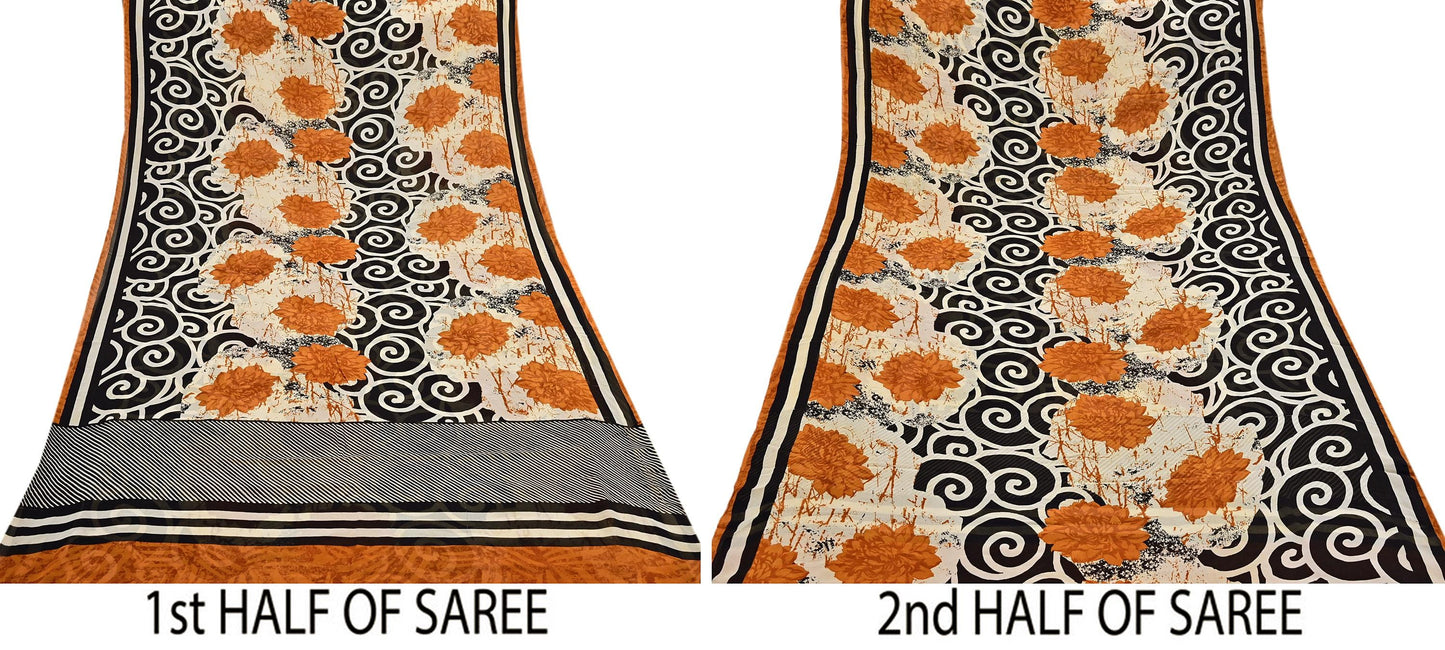 Indian Vintage Sari Ivory & Black Pure Georgette Silk Printed Sarees Craft Fabric Sewing 5Yd Soft Dress Making Crafting Quilting Upcycle