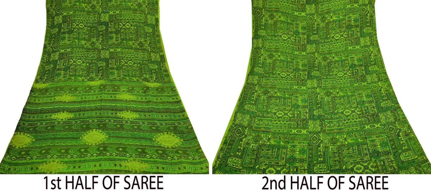 Indian Vintage Sari Green Pure Silk Printed Sarees 6yd Sewing Craft Fabric Dress Making Soft Floral Wrap Upcycle Used Quilting Crafting