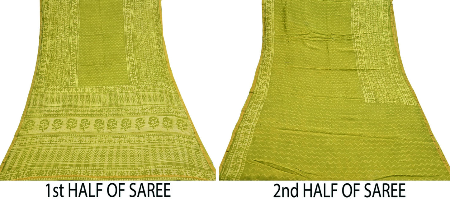 Indian Vintage Green & yellow Block Printed Pure Chanderi Silk Saree Zari Border 6Yards Soft Craft Fabric for Upcycling, Dressmaking,