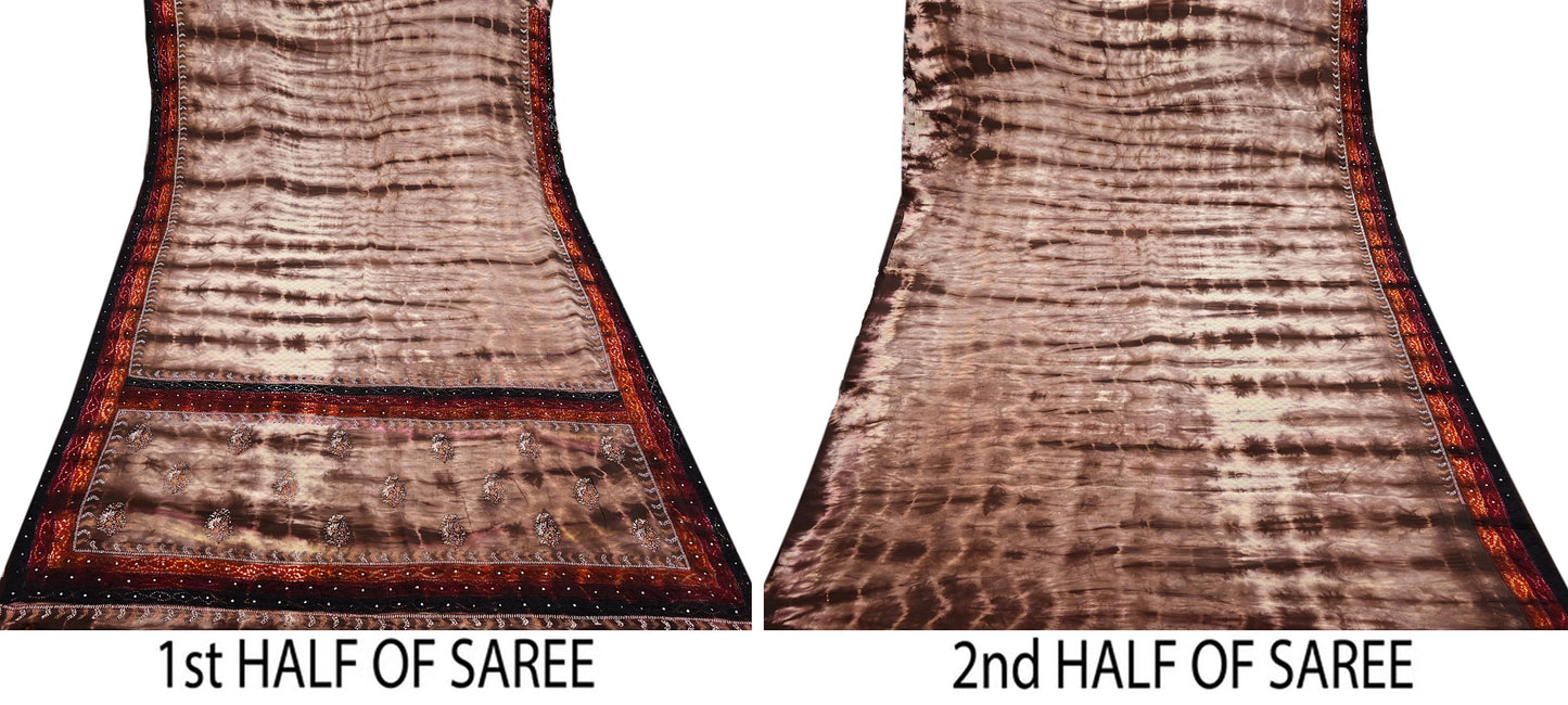 Indian Vintage Saree Pure Crepe Silk Hand Embroidered Tie-Dye Sari Fabric 5yard Sewing Craft Fabric Ethnic Dressmaking Crafting Zardozi Zari