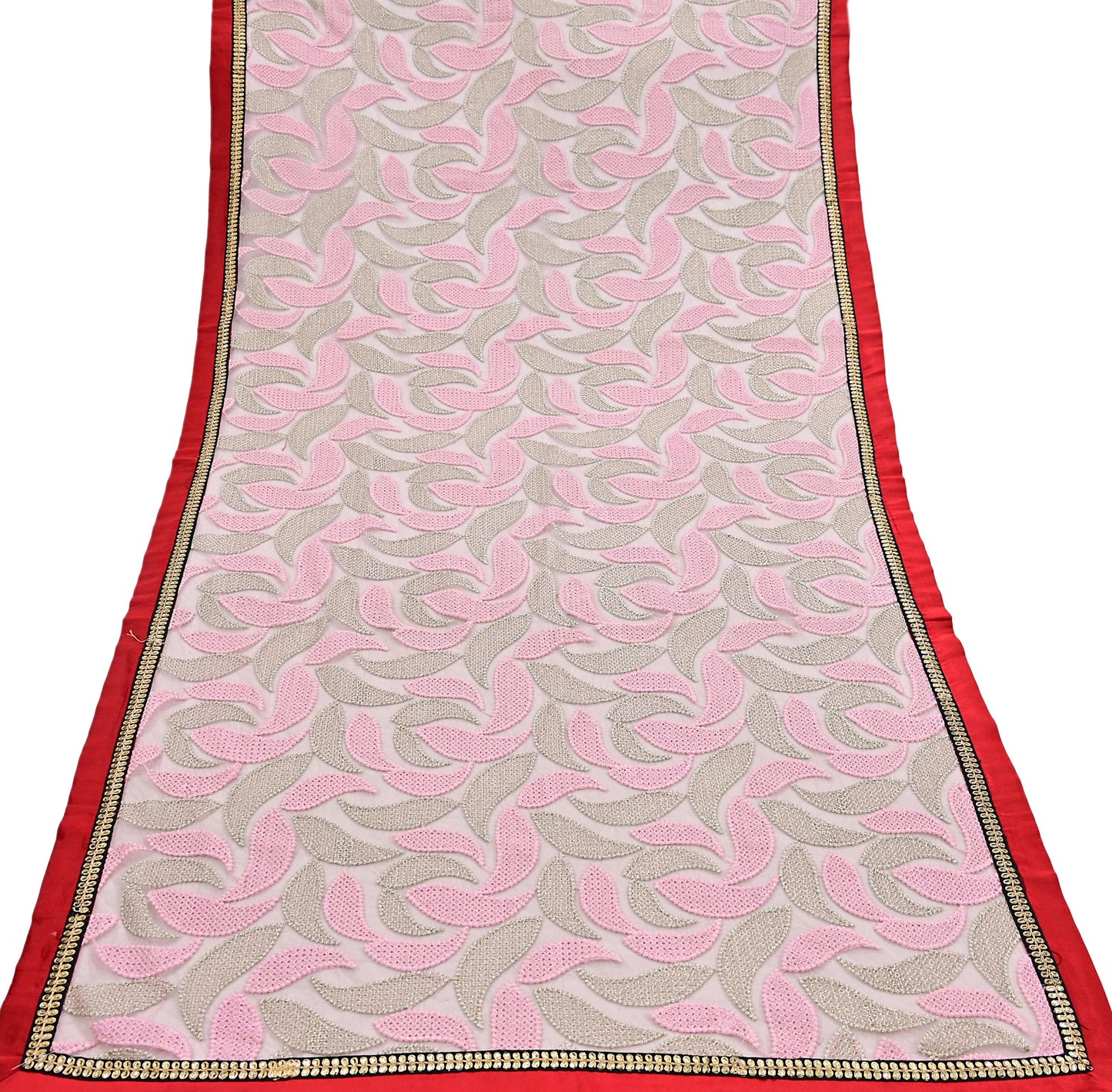 Indian Vintage Heavy Dupatta Pink Net Mesh Long Stole Hand Embroidered Scarves Zardozi/Dabka Zari Sequins Wedding Hijab Veil