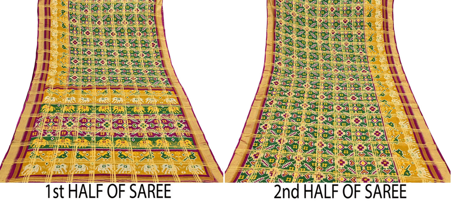 Indian Vintage Sari Saffron & Green Ikat Printed Pure Cotton Sarees Craft Fabric 5Yd Soft Sewing Sarong Wrap Boho Quilting Dress making
