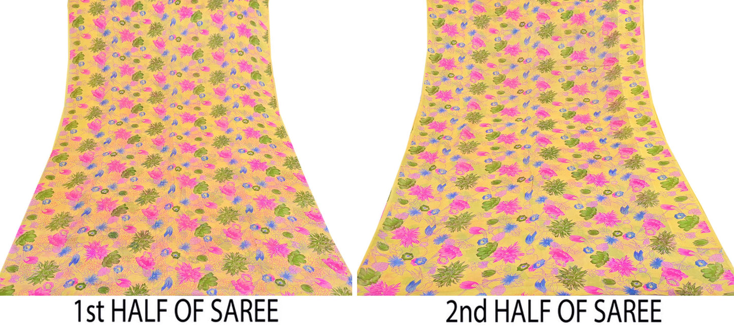Indian Vintage Sari Yellow Pure Silk Printed Saree 6yd Sewing Craft Fabric DressMaking Soft
