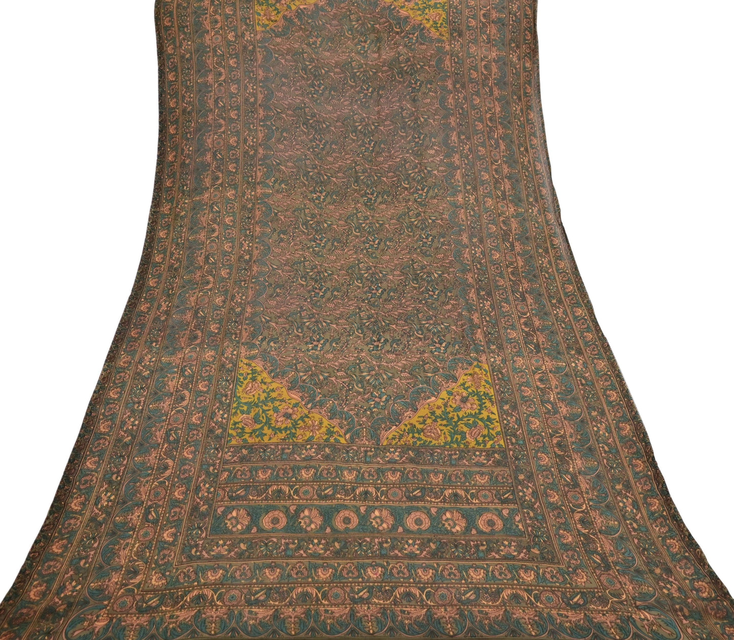 Indian Vintage Heavy Green Dupatta Pure Crepe Silk Long Stole Hand Embroidered Printed Designer By Ritu Kumar Scarves Scarf