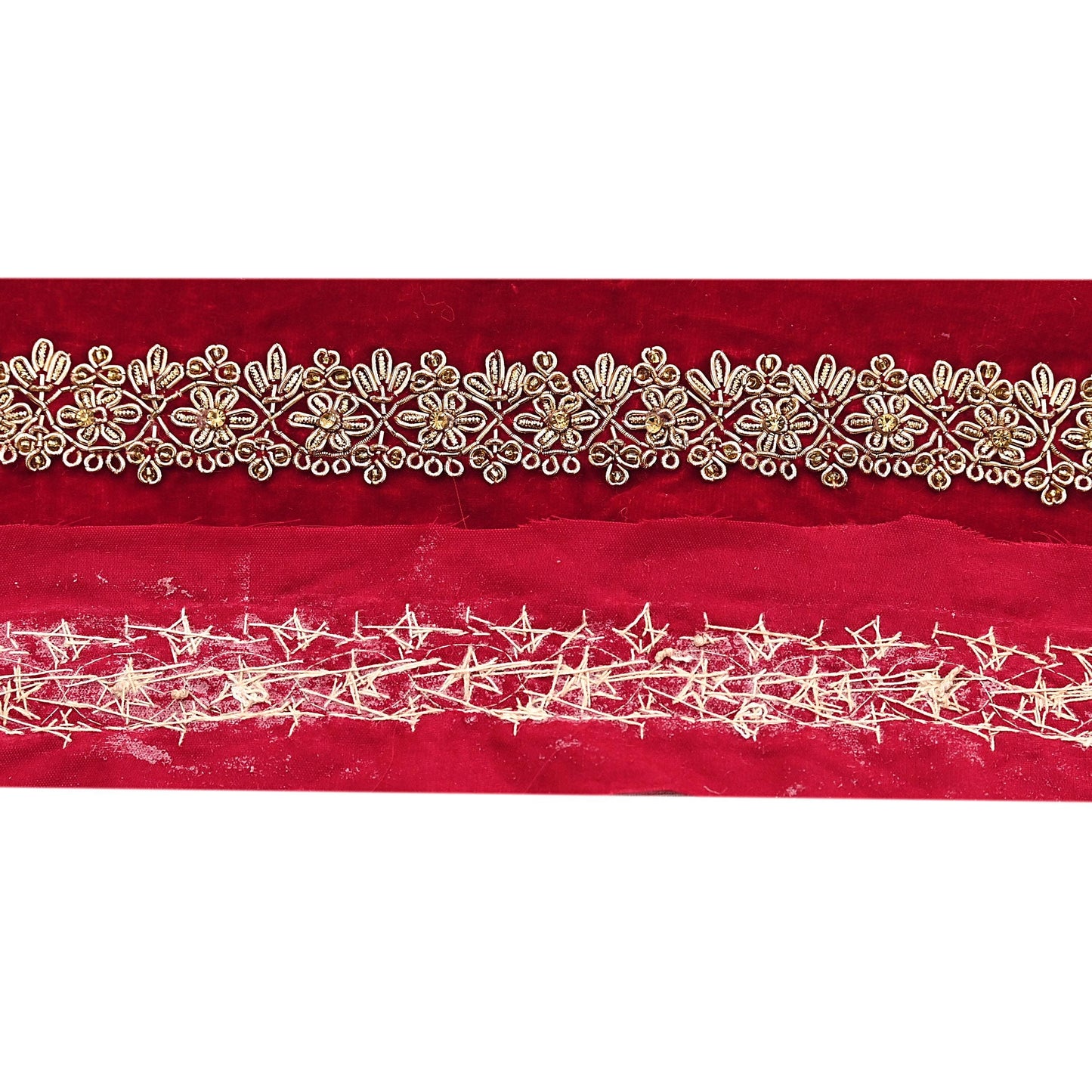 Indian Red Velvet Sari Border 1Yd Hand Embroidered Dabka Lace Trim Sewing Craft Ribbon Dress Decor