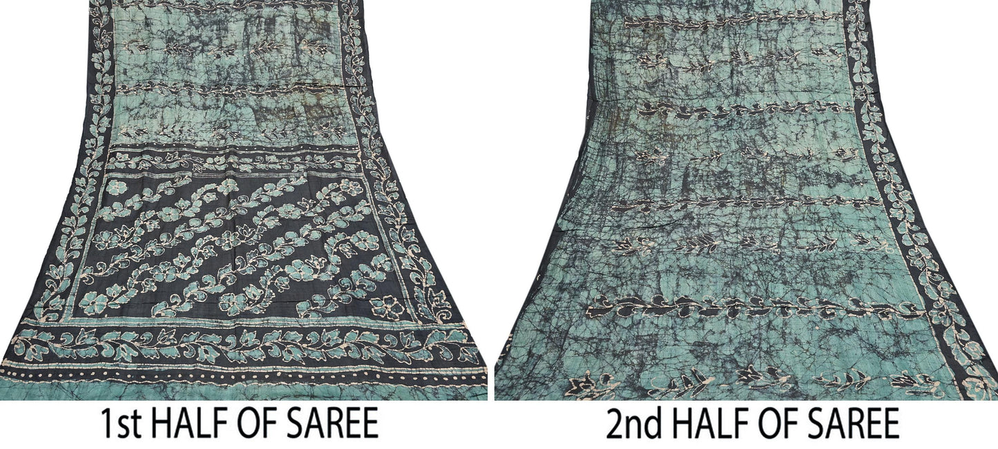 Vintage Brown & Green Pure Khadi Silk Saree 5Yd Handloom batik Indian Sari Soft Fabric Sustainable Craft Textile Boho Dressmaking Material
