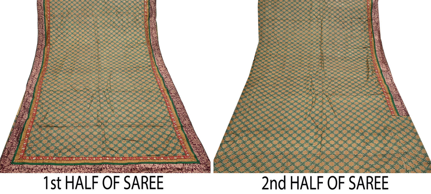 Indian Vintage Saree Beige & Green Pure Khadi Silk Handloom Hand Beaded Sari Fabric 5yard Ethnic Zari Dressmaking Crafting Upcycle Quilting