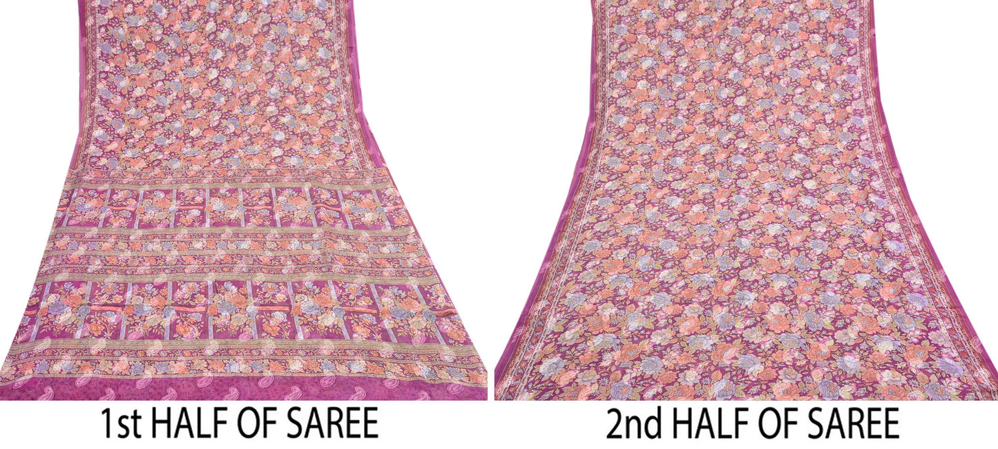 Indian Vintage Sari Pink 100% Pure Silk Printed Saree Craft Fabric 6yd Sewing Dress Making Soft Wrap Quilting Crafting Upcycle